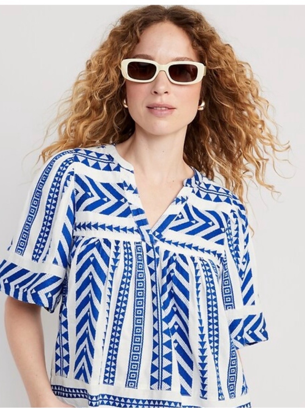 Old Navy Blue and White Geometric Peasant Blouse